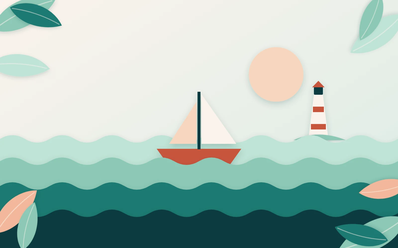 Papieren illustratie van een bootje op golvend water in teal en perzik, met een rustige vuurtoren aan de horizon