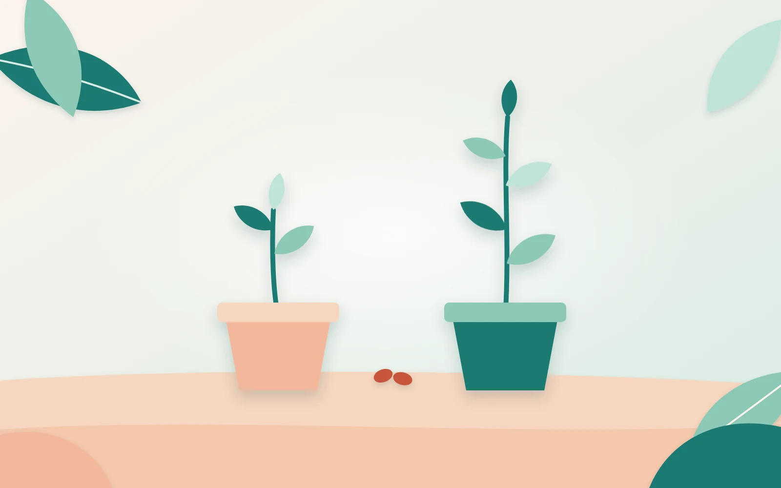 Papieren illustratie van twee plantjes uit hetzelfde zaad die in verschillende potten verschillend hoog groeien