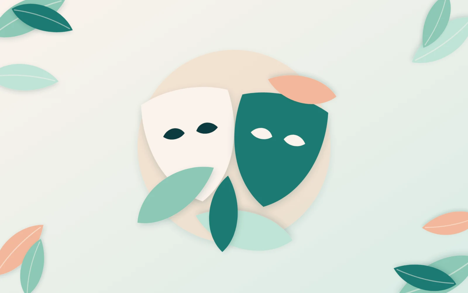 Papieren illustratie van twee maskers, een kil en een onrustig, tegen een teal en perzik achtergrond